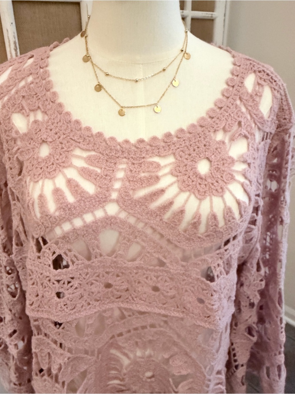 POL Dusty Rose Floral Crochet Open Knit Boho Layering Top One Size